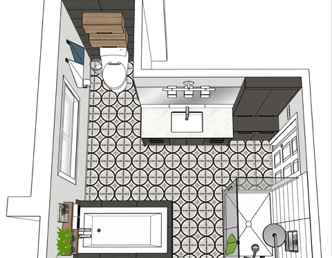 Plan 3D pour aménagement de salle de bain avant la rénovation